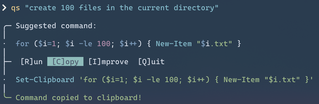 asked for a command to create 100 files in the current directory, then copied to clipboard