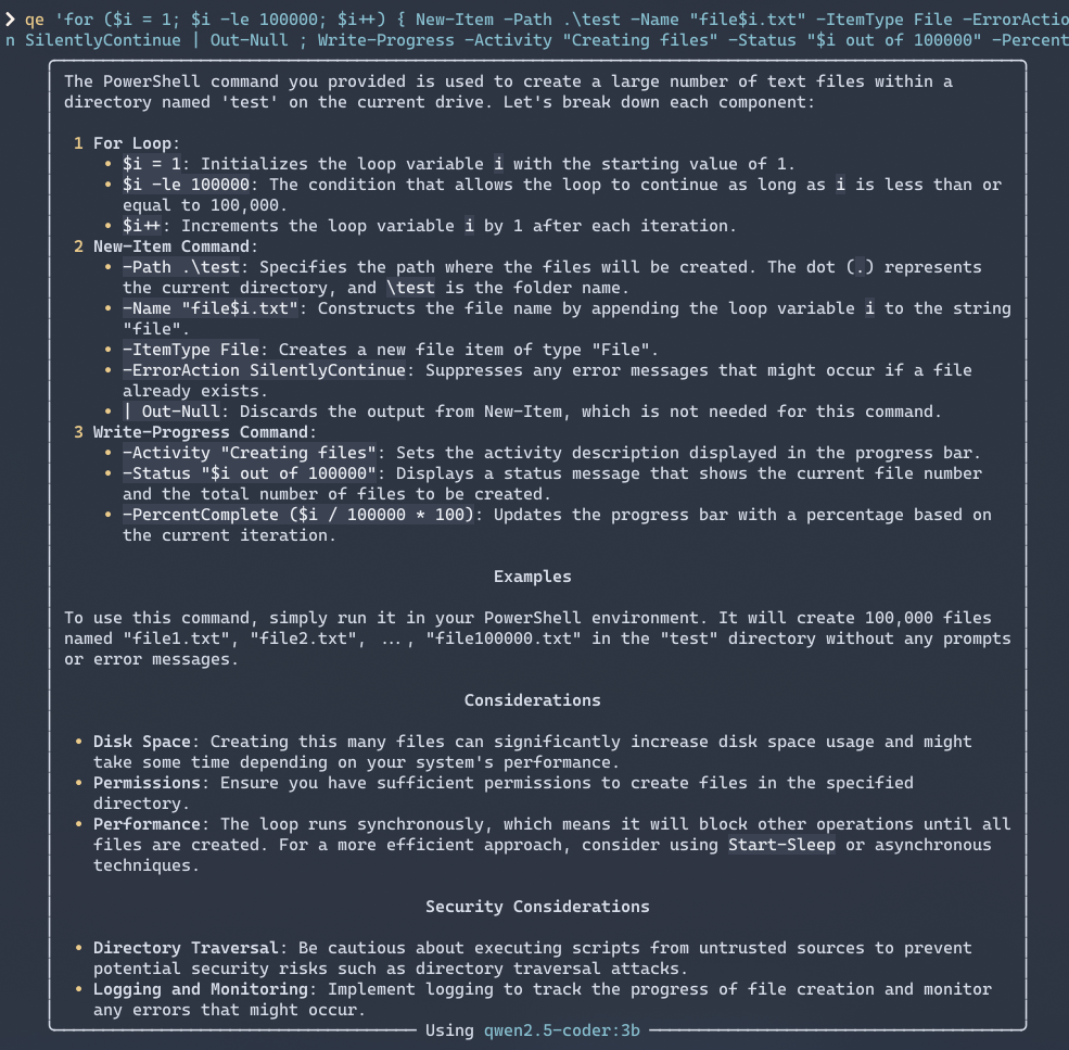 i asked it to explain the previous command which was to create 100000 files