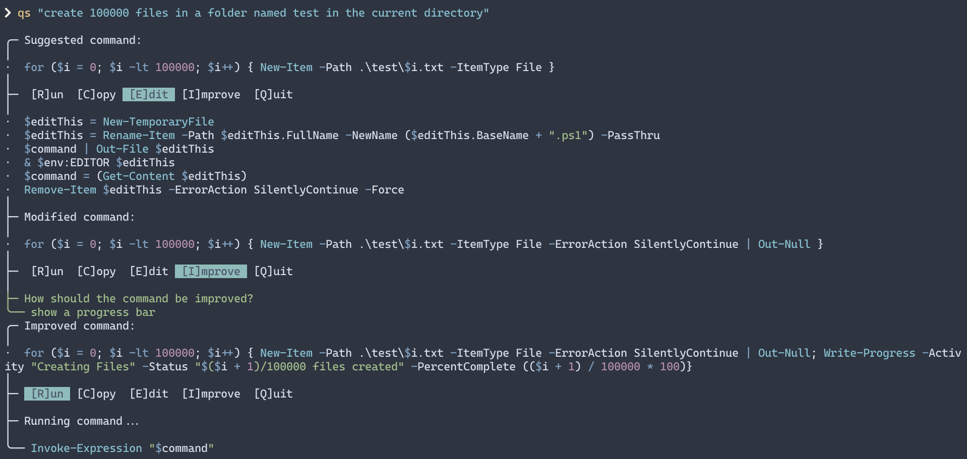 i asked to create 100000 files in a directory, edited in some error catchers, asked it to add progress bars, then ran it